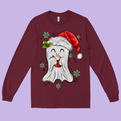 Merry Christmas Ghost Long Sleeve Tee Designed By Maliassmallbusiness