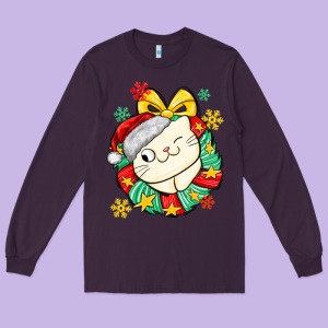Christmas Wreaths Cat Long Sleeve Tee Designed By Maliassmallbusiness