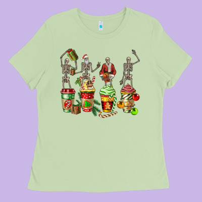 Christmas Skeleton Coffee Cups Ladies Tee Designed By Fadigitalartstudio