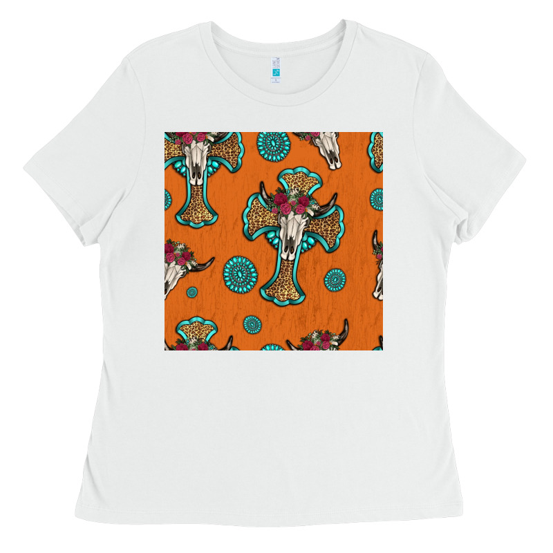 Western Cross And Bull Skull Seamless Pattern Ladies Tee by HRA Design Shop | Teevron