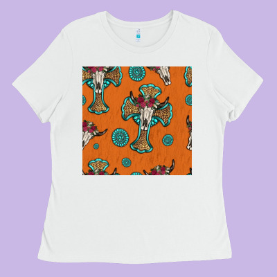 Western Cross And Bull Skull Seamless Pattern Ladies Tee Designed By Hra Design Shop