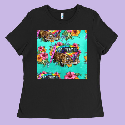 Floral Hippie Truck Seamless Pattern Ladies Tee Designed By Hra Design Shop