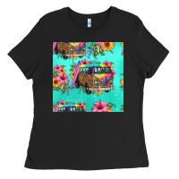 Black floral hippie truck seamless pattern Ladies Tee - HRA Design Shop