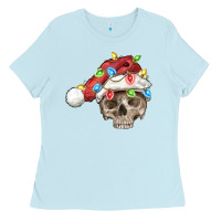Baby Blue Christmas skull with santa hat Ladies Tee - FaDigitalArtStudio