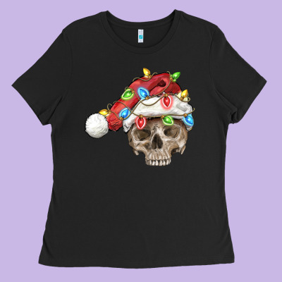 Christmas Skull With Santa Hat Ladies Tee Designed By Fadigitalartstudio