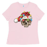 Bubblegum Pink Christmas skull with santa hat Ladies Tee - FaDigitalArtStudio