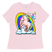 Bubblegum Pink cute unicorn with rainbow Ladies Tee - FaDigitalArtStudio