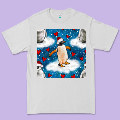 Christmas Penguin And Heart Seamless Pattern Premium Tee Designed By Bundleandbundleshop