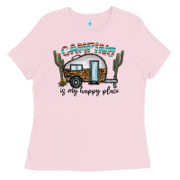 Bubblegum Pink camping is my happy place Ladies Tee - CowhideDigitalArt
