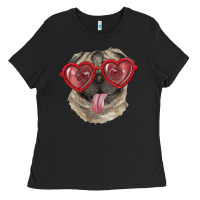 Black Pug with love glasses Ladies Tee - RanaPortraitStore