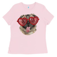 Bubblegum Pink Pug with love glasses Ladies Tee - RanaPortraitStore
