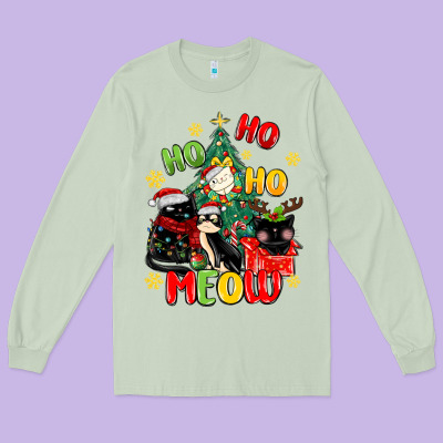 Ho Ho Ho Meow Long Sleeve Tee Designed By Maliassmallbusiness