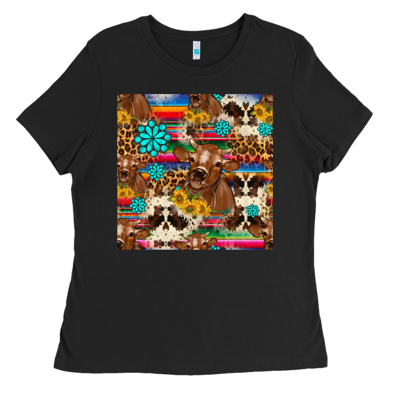 Western Sunflower Bucket Cow Seamless Pattern Ladies Tee by HRA Design Shop | Teevron