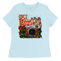 Baby Blue Christmas Santa Vintage Camera Ladies Tee - FaDigitalArtStudio