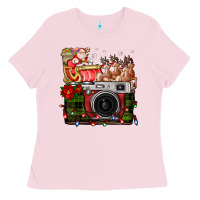 Bubblegum Pink Christmas Santa Vintage Camera Ladies Tee - FaDigitalArtStudio