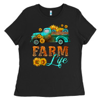 Black farm truck  farm life with sunflower Ladies Tee - HRA Design Shop