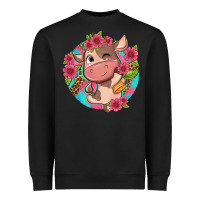 Black cute cow pink flowers and leopard pattern Heavyweight Sweatshirt - NancyCooperArtShop