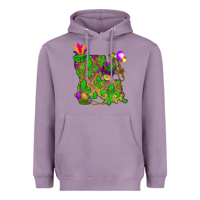 Louisiana Map Mardi Gras Heavyweight Hoodie by HowdyJamesFarm | Teevron