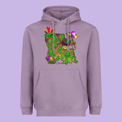 Louisiana Map Mardi Gras Heavyweight Hoodie Designed By Howdyjamesfarm