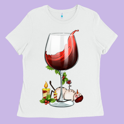 Christmas Wine Glass Ladies Tee Designed By Fadigitalartstudio
