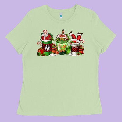 Coffee Cups With Santa Claus Ladies Tee Designed By Fadigitalartstudio