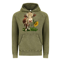 Vintage Olive hereford heifer with sunflower Vintage Hoodie - LillyAllenDesigns