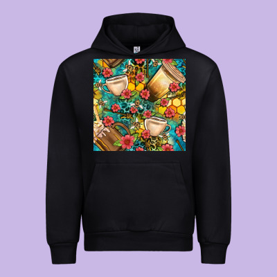 Honey And Bee Coffee Cup With Flowers And Leopard Seamless Pattern Bbs Urban Hoodie Designed By Bundleandbundleshop