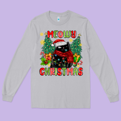 Meowy Christmas Black Cat Long Sleeve Tee Designed By Maliassmallbusiness