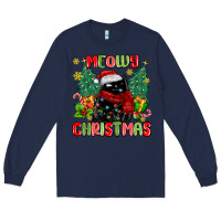 Navy meowy christmas black cat Long Sleeve Tee - MaliasSmallBusiness