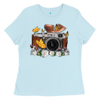 Baby Blue floral butterfly film roll vintage camera Ladies Tee - FaDigitalArtStudio