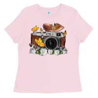 Bubblegum Pink floral butterfly film roll vintage camera Ladies Tee - FaDigitalArtStudio