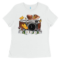 White floral butterfly film roll vintage camera Ladies Tee - FaDigitalArtStudio