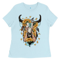 Baby Blue sunflower boho bull skull with hands Ladies Tee - RanaPortraitStore