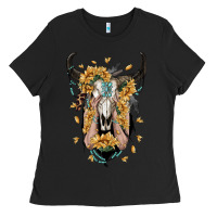 Black sunflower boho bull skull with hands Ladies Tee - RanaPortraitStore