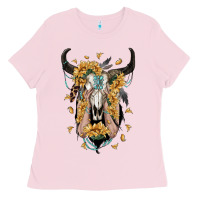 Bubblegum Pink sunflower boho bull skull with hands Ladies Tee - RanaPortraitStore