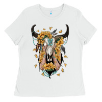 White sunflower boho bull skull with hands Ladies Tee - RanaPortraitStore
