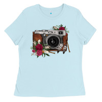 Baby Blue floral feather vintage camera Ladies Tee - FaDigitalArtStudio