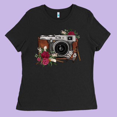 Floral Feather Vintage Camera Ladies Tee Designed By Fadigitalartstudio
