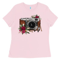 Bubblegum Pink floral feather vintage camera Ladies Tee - FaDigitalArtStudio