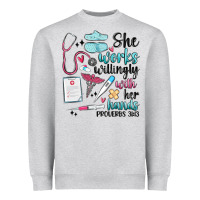 Heather Grey she works willingly with her hands Heavyweight Sweatshirt - MaliasSmallBusiness