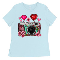 Baby Blue floral heart pink leopard vintage camera Ladies Tee - FaDigitalArtStudio
