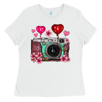 White floral heart pink leopard vintage camera Ladies Tee - FaDigitalArtStudio