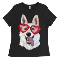 Black White shepherd with love glasses Ladies Tee - RanaPortraitStore