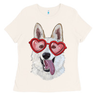 Bone White shepherd with love glasses Ladies Tee - RanaPortraitStore
