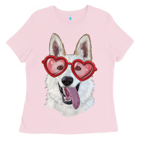 Bubblegum Pink White shepherd with love glasses Ladies Tee - RanaPortraitStore