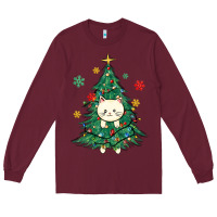 Burgundy christmas tree cat Long Sleeve Tee - MaliasSmallBusiness