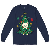 Navy christmas tree cat Long Sleeve Tee - MaliasSmallBusiness