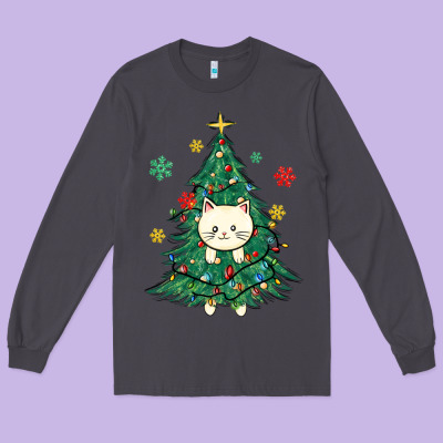 Christmas Tree Cat Long Sleeve Tee Designed By Maliassmallbusiness