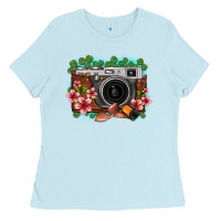 Baby Blue floral lotus leaf film roll vintage camera Ladies Tee - FaDigitalArtStudio