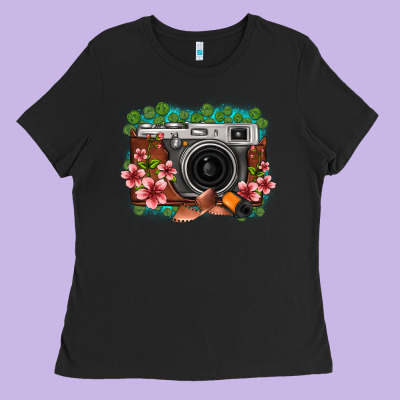 Floral Lotus Leaf Film Roll Vintage Camera Ladies Tee Designed By Fadigitalartstudio